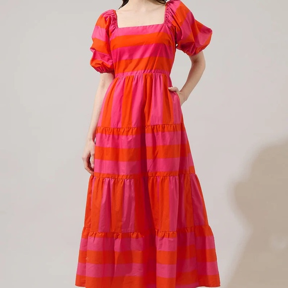 Peach Love California Bold Pink and Red Puffed Sleeve Striped Maxi Dress- Large - Picture 2 of 7
